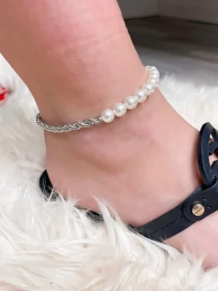 Pearl & Rope Chain Ankle Bracelet - Silver