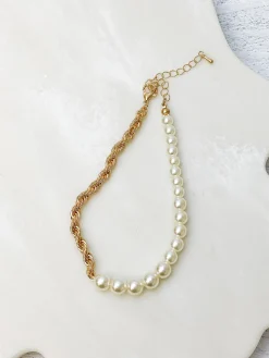 Pearl & Rope Chain Ankle Bracelet - Gold
