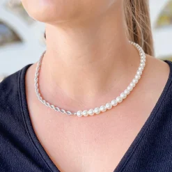 Pearl & Rope Chain Necklace - Silver