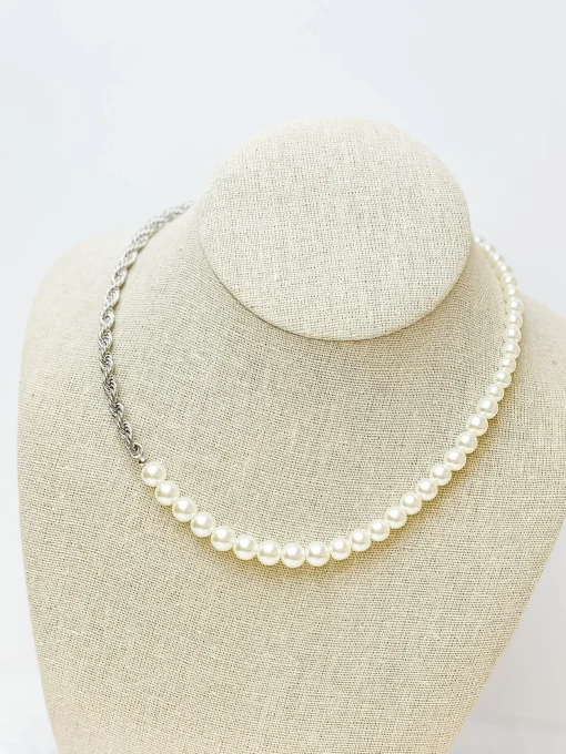 Pearl & Rope Chain Necklace - Silver