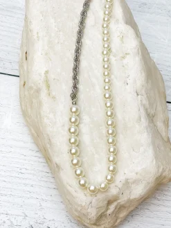 Pearl & Rope Chain Necklace - Silver