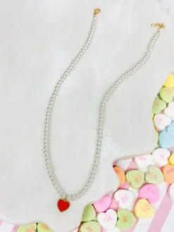Pearl Bead Heart Charm Necklace - Red