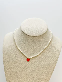 Pearl Bead Heart Charm Necklace - Red