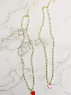 Pearl Bead Heart Charm Necklace - Red