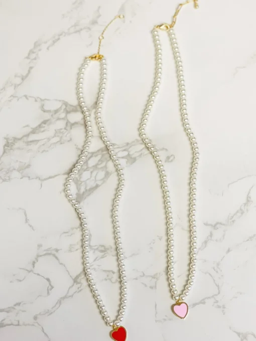 Pearl Bead Heart Charm Necklace - Red