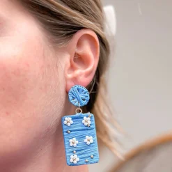 Pearl Beaded Flower Raffia Statement Earrings - Blue