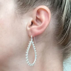 Pearl Studded Oval Dangle Earrings - Silver