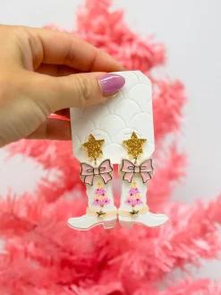 Pink Chrismtas Tree Boot Dangle Earrings