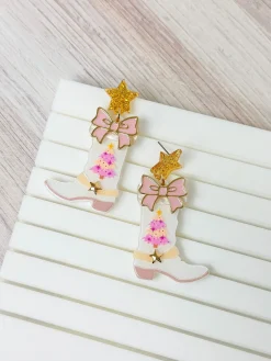 Pink Chrismtas Tree Boot Dangle Earrings