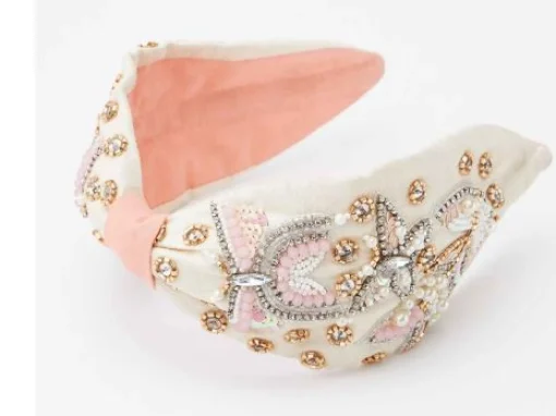 Pink Floral & Butterfly Embroidered Rhinestone Headband