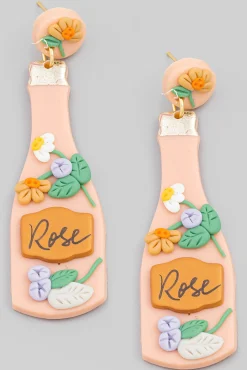 Pink Flower Rose Champagne Clay Earrings