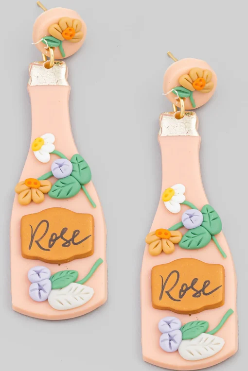 Pink Flower Rose Champagne Clay Earrings
