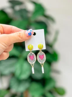 Pink Heart Tennis Racket Dangle Earrings