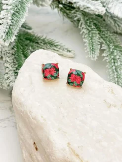 Poinsettia Printed Stud Earrings