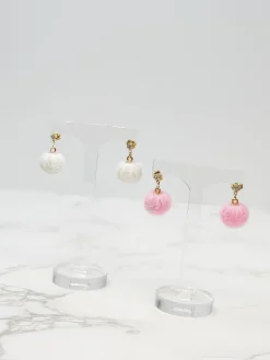 Pom Post Dangle Earrings - White