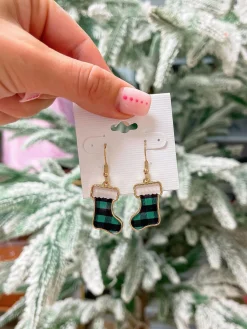 Printed Stocking Dangle Earrings - Green Buffalo Check