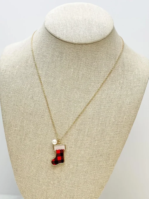 Printed Stocking Pendant Necklace - Red Buffalo Check