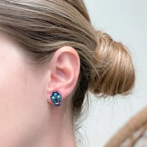 Printed Sugar Skull Stud Earrings - Choice of Color