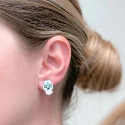 Printed Sugar Skull Stud Earrings - Choice of Color