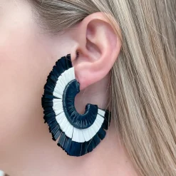 Raffia Fan Hoop Earrings - Black & White