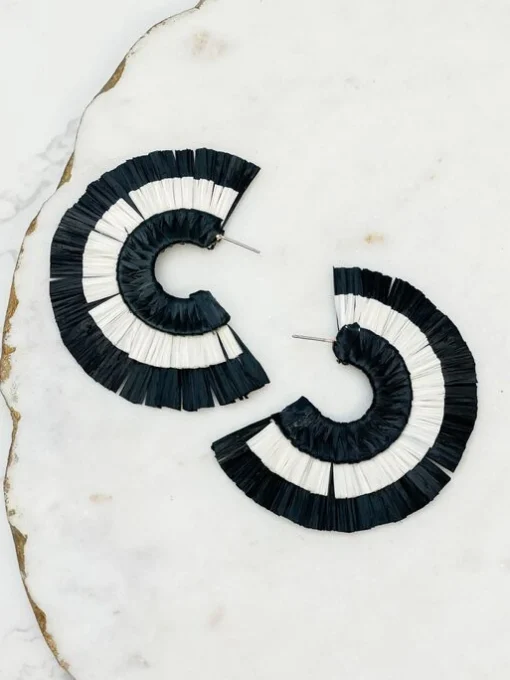 Raffia Fan Hoop Earrings - Black & White