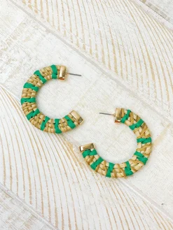Raffia Striped Hoop Earrings - Green