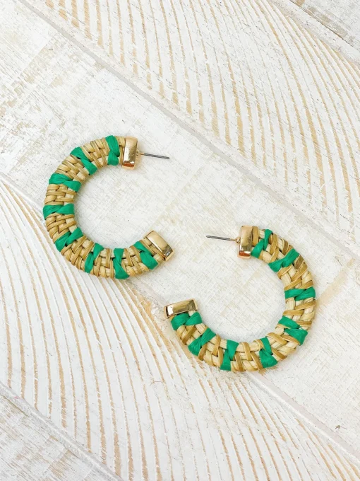 Raffia Striped Hoop Earrings - Green