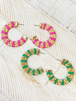 Raffia Striped Hoop Earrings - Green