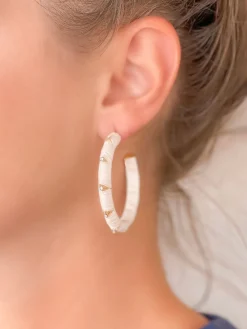 Raffia Wrapped Rhinestone Hoop Earrings - White