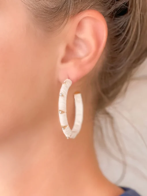 Raffia Wrapped Rhinestone Hoop Earrings - White