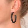 Raffia Wrapped Rhinestone Hoop Earrings - Black