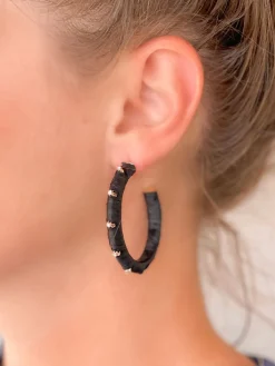 Raffia Wrapped Rhinestone Hoop Earrings - Black
