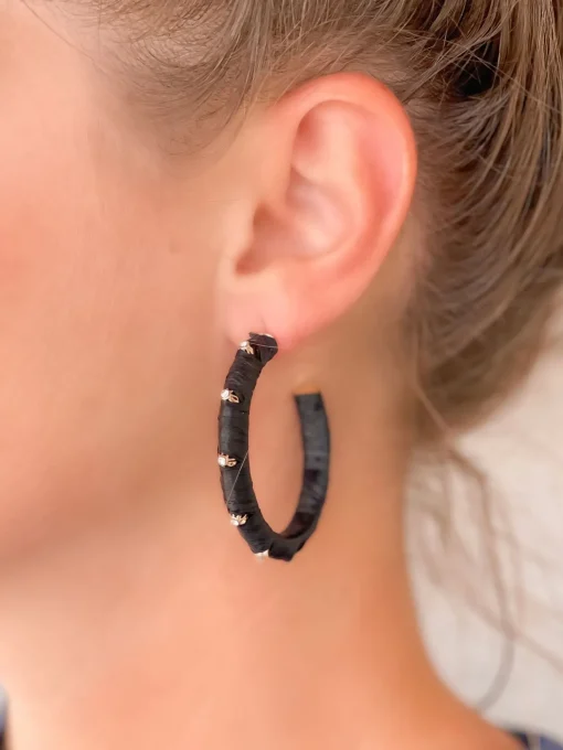 Raffia Wrapped Rhinestone Hoop Earrings - Black