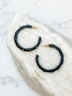 Raffia Wrapped Rhinestone Hoop Earrings - Black