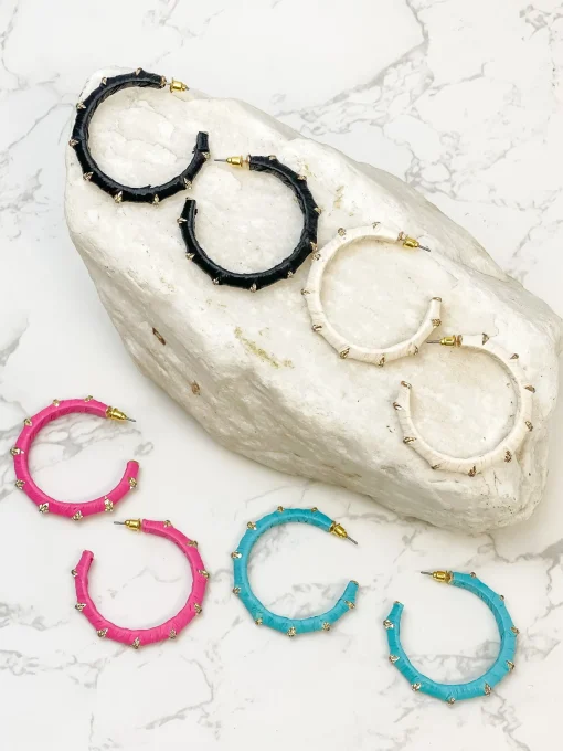 Raffia Wrapped Rhinestone Hoop Earrings - Black