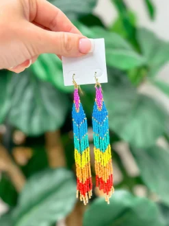 Rainbow Beaded Fringe Dangle Earrings