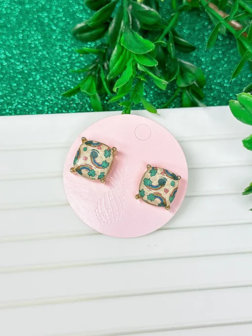 Rainbows & Gold Printed Glass Stud Earrings