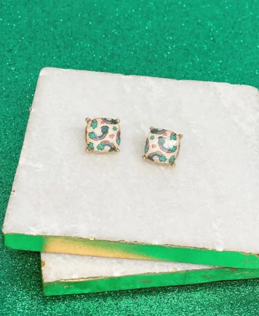 Rainbows & Gold Printed Glass Stud Earrings