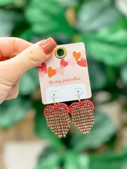 Rhinestone Heart Fringe Dangle Earrings - Red