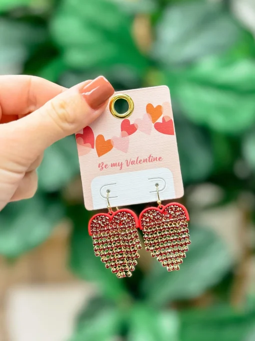 Rhinestone Heart Fringe Dangle Earrings - Red