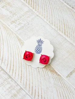 Rose Printed Stud Earrings - Hot Pink