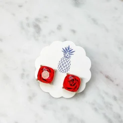 Rose Printed Stud Earrings - Red