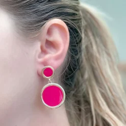 Round Gold-Trim Enamel Dangle Earrings - Pink
