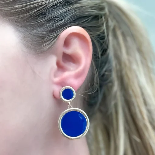 Round Gold-Trim Enamel Dangle Earrings - Navy