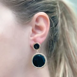 Round Gold-Trim Enamel Dangle Earrings - Black