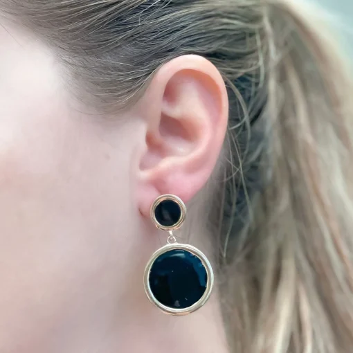 Round Gold-Trim Enamel Dangle Earrings - Black