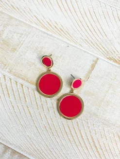 Round Gold-Trim Enamel Dangle Earrings - Pink