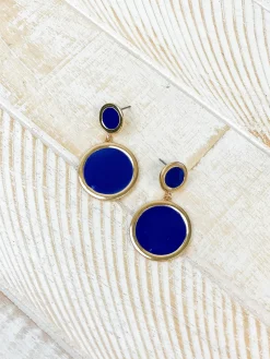 Round Gold-Trim Enamel Dangle Earrings - Navy