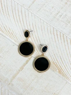 Round Gold-Trim Enamel Dangle Earrings - Black