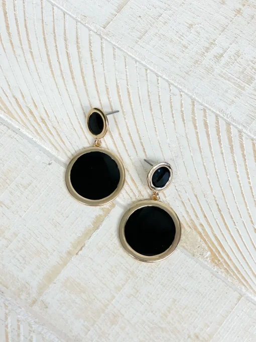 Round Gold-Trim Enamel Dangle Earrings - Black